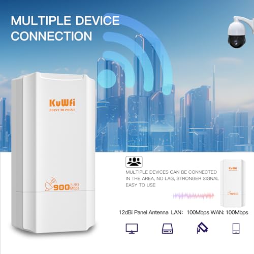 KuWFi 5.8G Wireless Ethernet Bridge , Long Range WiFi Access Point Outdoor AP CPE Kit IP65 Waterproof Point to Point WiFi Bridge Support starlink Router