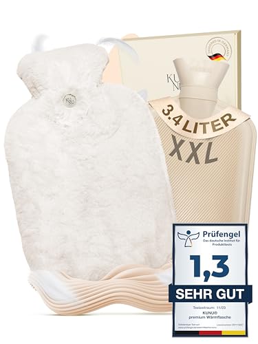 KUNU® Bolsa de agua caliente XXL especial de 3,4 l, incluye envoltorio de regalo, con funda extra, irresistiblemente mullida, perfecta para adultos y niños, a prueba de fugas y probada, color crema