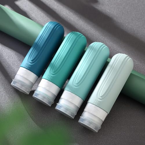 Kit 4 Frascos Potes Silicone Viagem 90ml Aprovado TSA Creme Shampoo Condicionador (Tons de Verde)