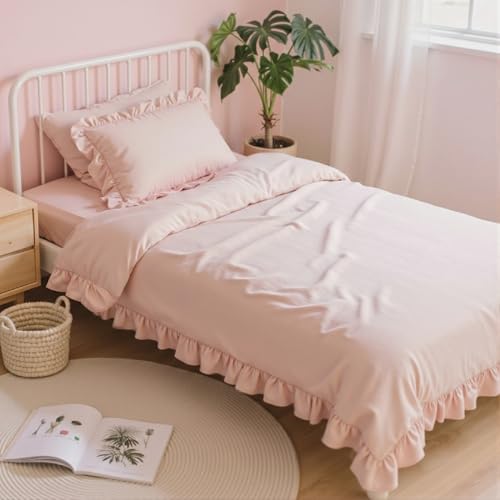 Anluoer Twin Comforter Set 5 Piece for Girl Pink Bed in a Bag with Sheets All Season Ruffle Shabby Chic Bedding Sets with 1 Comforter 1 Pillow Sham 1 Pillowcase 1 Flat Sheet 1 Fitted Sheet