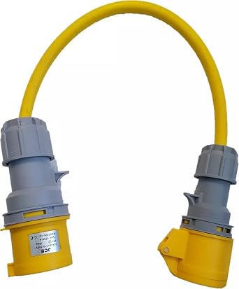 110V Industrial Adaptor Lead 32 Amp plug to 16 Amp socket with 2.5mm  3 core Arctic grade Yellow cable, Change Over Lead, 0.5M