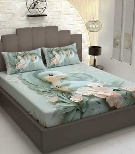 Image of Premium 7D Printed King Size Bedsheet Set with Pillow Covers Soft Cotton Blend Double Bedsheet for Home (Pillow Covers :18x28 inches Bedsheet :108x108 Green)