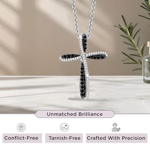 Jewelili Sterling Silver Cross Pendant Necklace for Womens | 1/3 CTTW Treated Black and Natural White Round Diamonds | 18" Rolo Chain | Classic Jewelry with Gift Box2