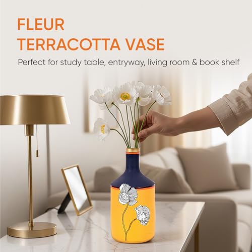 Image of Aakriti Art Creations Terracotta Cone Vase | Handmade Sunset Flower Floral Art Decorative Vase | Yellow Matte Finish Ethnic Home Decorative Item for Living Room & Gifting