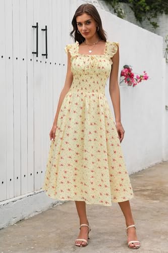 Image of Women's 2026 Spring Summer Floral Midi Dresses Square Neck Smocked Waist Beach Wedding Guest Long Flowy A Line Sundress