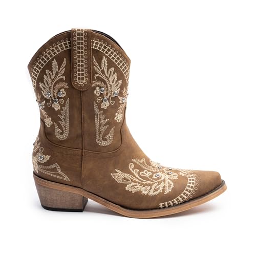 Image of Cusolemore Cowboy Boots for Women, Cowgirl Boots with Sparkly Embroidered Rhinestones, Short Western Ankle Boots for Women with Side Zipper Pull On