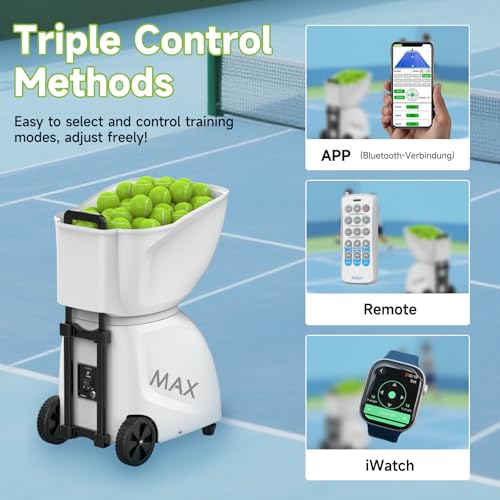 Tennisballmaschine PUSUN PT-Max C, Padel- und Tennisballwerfer mit 145+ Bällen, Dual-Control über App und Fernbedienung, 35 Bälle, selbstprogrammierbar, tragbar
