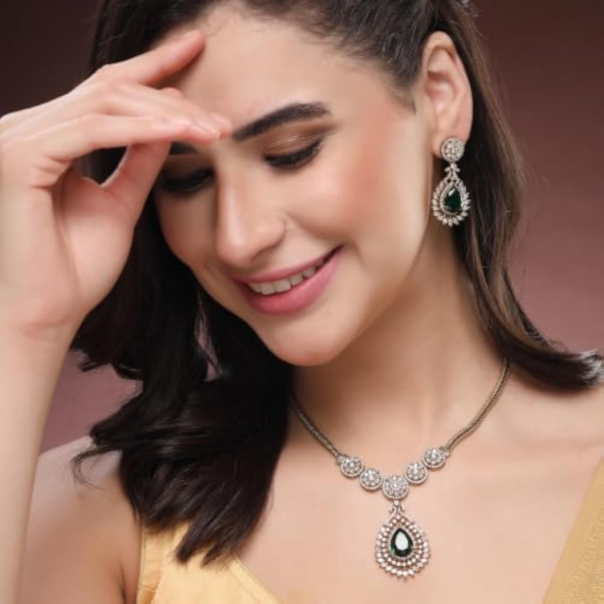 AD Emerald Teardrop Floral Halo Necklace Set, Gift for Her