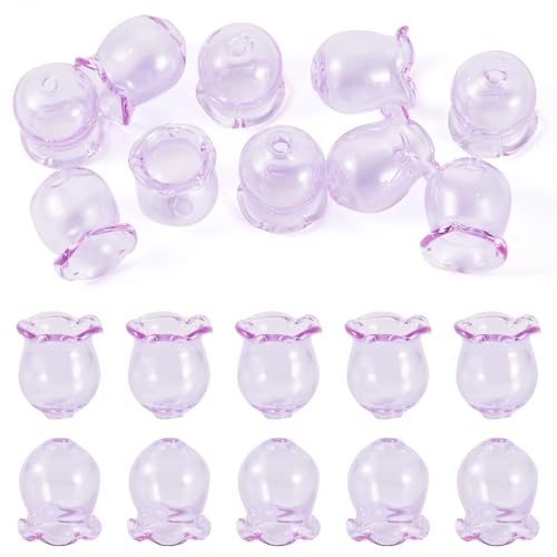 FASHEWELRY 12mm Trumpet Flower Glass Beads Caps 10Pcs Clear Crystal Floral Jellyfish Bead for DIY Earring Jewelry Making Craft Wind Chimes (Lilac)