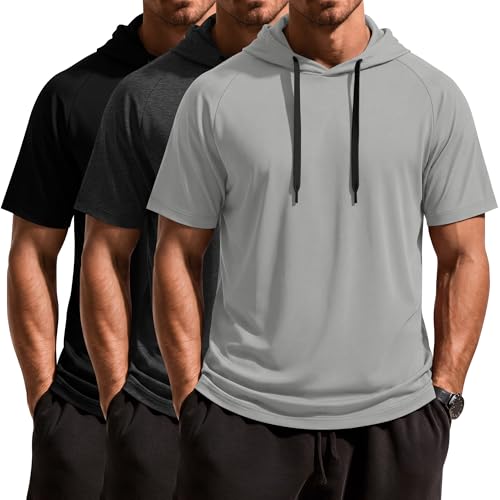 Ficerd 3 Pack Men's Short Sleeve Hoodies Workout Gym Hooded T Shirts Lightweight Athletic Running Pullover Sweatshirt(Light Gray, Dark Gray, Black,X-Large)