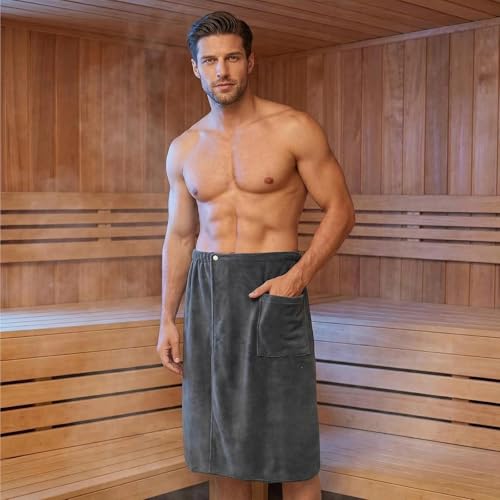 Saunakilt Herren mit Taschen 70x140 cm, Verstellbares Saunatuch mit Druckknopf & Elastischem Bund, Rutschfest & Schnelltrocknend, Saunahandtuch für Sauna, Fitnessstudio, Dusche, Spa & Strand (Grau)
