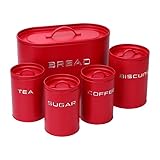 simpa 5PC Stylish Matte Red Metal Kitchen Storage Set Including Oval Bread Bin and Round Biscuit Tin, Tea, Coffee and Sugar Canisters.