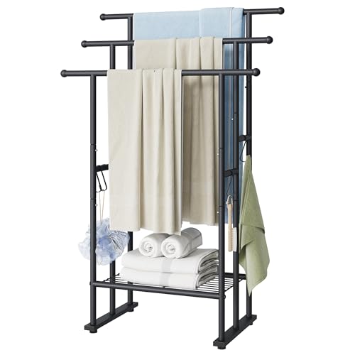 ELYKEN 3 Tier Standing Towel Rack, 40'' Tall Towel Drying Rack Outdoor, Freestanding Floor Towel Rack with Shelf, Pool Towel Blanket Stand, Metal Towel Racks for Bathroom freestanding, Matte Black