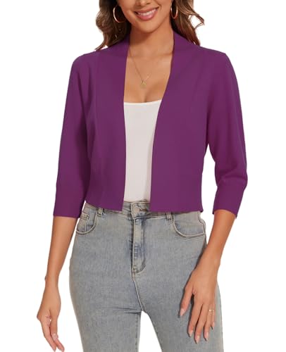 Image of Women 3 /4 Sleeve Cropped Cardigan Lightweight Casual Open Front Bolero Shrug Sweaters