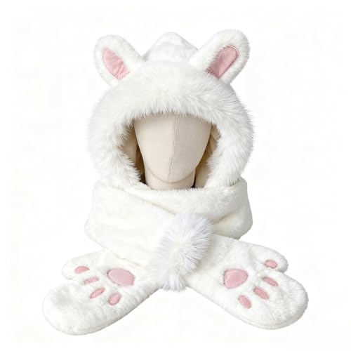 Volwassen 3-in-1 mutsen met sjaal en handschoenen Schattige winter konijnenmuts, nepbont hoofdtrapper met capuchon nekwarmer winddichte oordoppen Snood Handschoenen Wanten Oorklepmuts Lange sjaal Warm