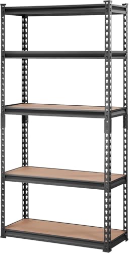 Image of Heavy Duty Metal Rack with Wooden Shelves (Adjustable), 30KG /Shelf, Boltless Storage Organizer, Multipurpose Display Shelves for Kitchen, Garage, Warehouse Black-5 Layers