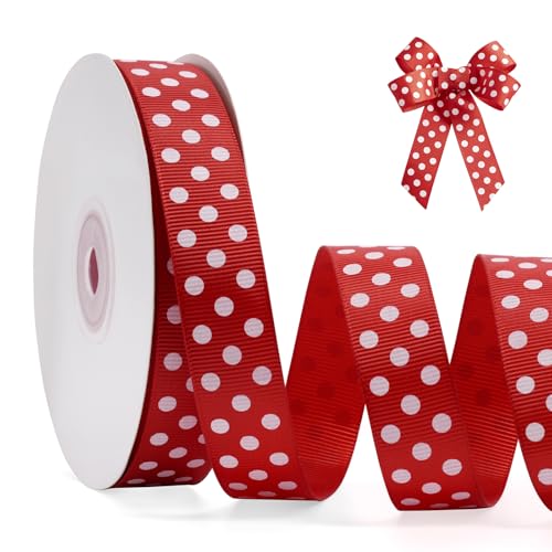 FAKILO Ruban à pois 20mm x 22m Rouge et Blanc - Ruban satiné de haute qualité pour emballage cadeau, décoration de Noël, créations DIY, mariage,...
