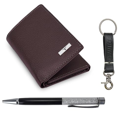 Image of URBAN FOREST Theo Brown Leather Wallet, Diamond Pen & Keychain Combo Gift Set for Men