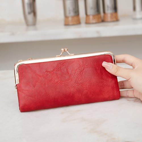 Image of Vintage Wallets for Women Large Bifold Kiss Lock Wallet for Women Leather Zip Clutch Coin Purse