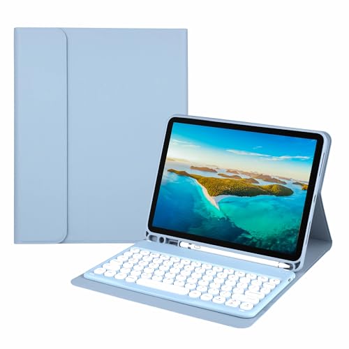 XFTeoux Clavier Étui pour Ipad Air 6 13Inch 2024, Cute Round Keyboard Color Wireless Detachable, Leather Folio Cover with Pencil Holder pour Ipad Air 6Ème Génération,Bleu