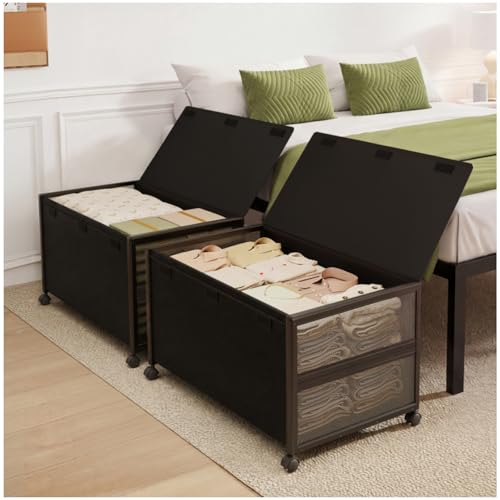 Image of Fokyfok 2Pack Under Bed Storage Containers,16 inch Height,31 inch Long | Under Bed Shoe Storage,Underbed Storage with Wheels,Large Rolling under bed Clothes Storage Drawers,Lid,Dorm Tall,Black