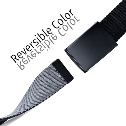 Men's Canvas Web Belt with Black Buckle, Black and Gray Reversible Striped Adjustable Work Belts2