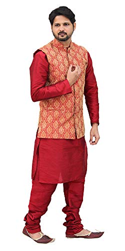 Image of Men's Silk Kurta Pyjama With Waistcoat