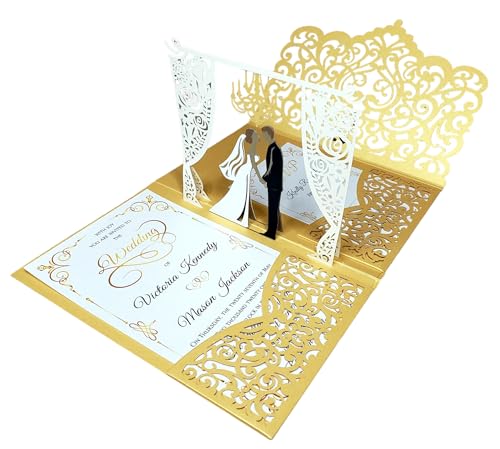 Pop up Wedding Invitation Pocket-Folds with Envelope. Unique and Elegant Laser Cut 3D Design by Tada Cards (Ivory Chandelier 10-Pack)