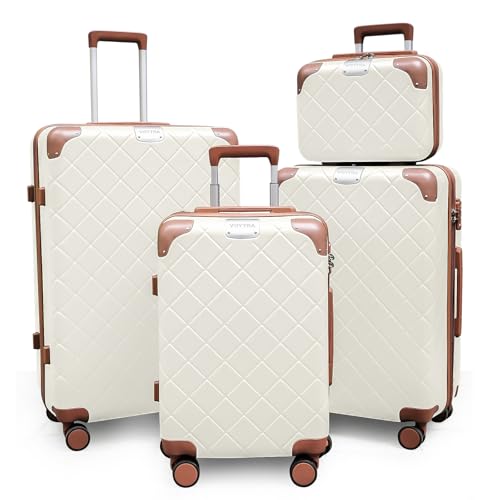 Image of 4 Piece Hardshell Luggage Set for Weekend Getaways & Family Travel ABS+PC Lightweight Hardside Durable Travel luggage sets Suitcases with Spinner Wheels YKK Zipper TSA Lock (14 /20 /24 /28 White)