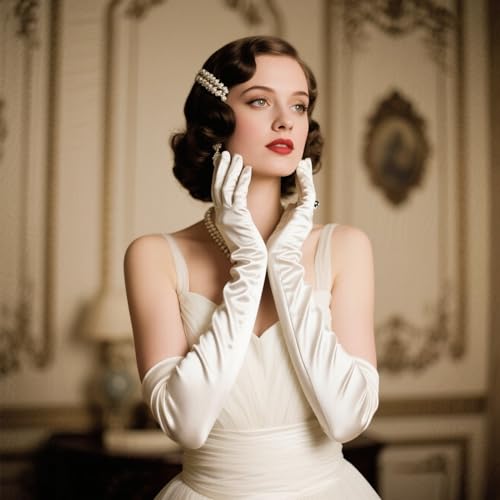 THARAHT Women Long Gloves with Satin Elbow Length for 1920s Opera Tea Party Costumes Bridal Evening Dress,White