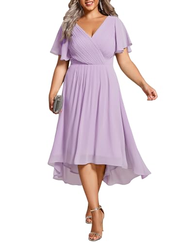 Image of Ever-Pretty Plus Summer Short Sleeves V-Neck Formal Wedding Guest Dresses for Curvy Women Chiffon Midi Cocktail Party Dress Frosted Lilac US18