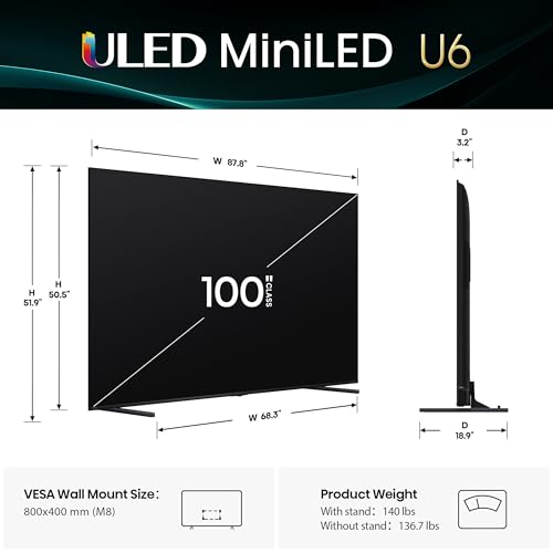 Image of Hisense 100 inch Class U6 Series Mini-LED 4K UHD Smart Fire TV (100U65QF, 2025 Model) - QLED, Native 144Hz, HDR10+, Dolby Vision IQ, Dolby Atmos, Game Mode Pro, ALLM, Alexa Built in, Black
