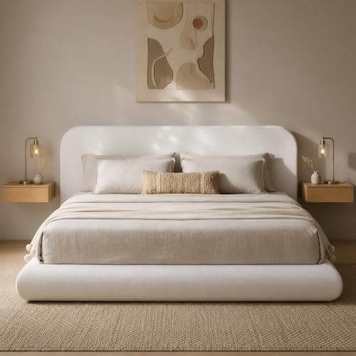 Image of RECCI Airframe Bread King Curved Cloud Platform Bed Frame | Fully Cushioned Foam Arched Panels and Soft Rounded Headboard, Easy to Assembly, Beige Chenille Fabric for Aesthetic Bedrooms