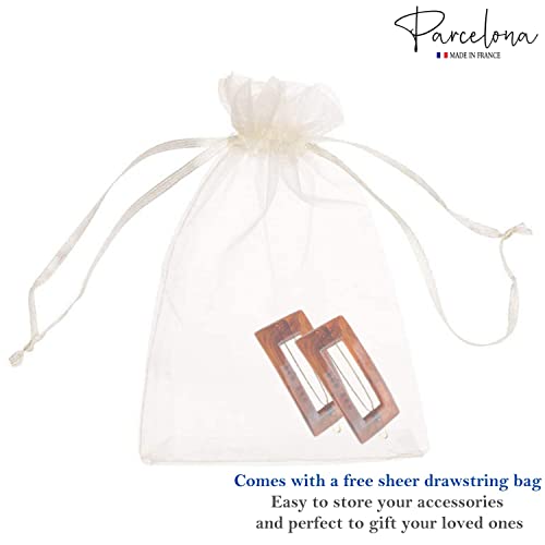 Parcelona French Rectangle Cut Out Brown Small 1 3/4" Celluloid Acetate No Slip Grip Tige Boule Clasp Set Of 2 Side Slide In Snap Hair Clip Barrettes For Girls And Women, Made In France #TOP7