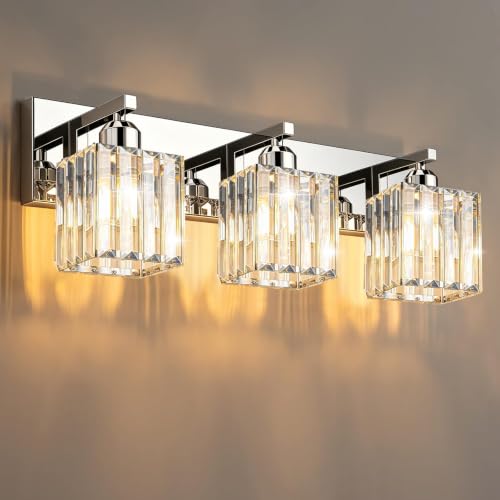 Image of Brushed Chrome Crystal Bathroom Vanity Light, 3-Light Modern Bathroom Lighting Fixtures Over Mirror,Chrome Wall Sconce Light Fixtures with Square Shade