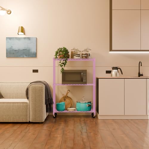 Image of 3-Shelves Wheels Heavy Duty Steel Storage Rack | Multipurpose Shelving Unit for Kitchen, Home & Utility | Pink, 3 Shelves Wheels