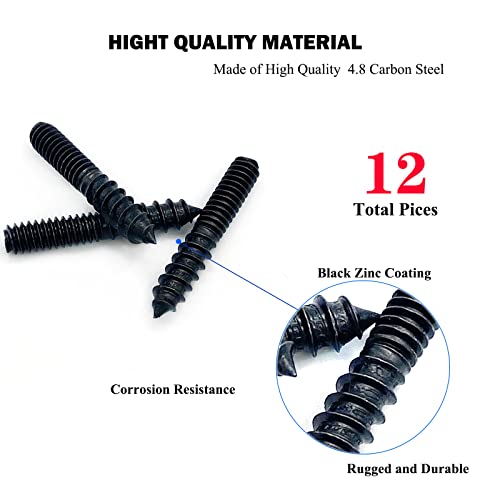 Image of 12 Pack 1 /4-20 x 1-1 /2 Inch Black Hanger Bolts 1 /4-20 inch Double Headed Bolts 1 /4 Wood Dowel Screw Self-Tapping Screw Hanger Bolts for Furniture Screws Double Screw Threaded Rods Bolt 37mm Length