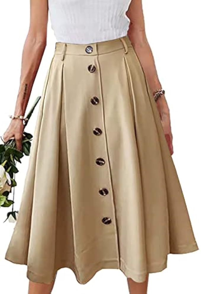 HERBATOMIA 褶襉 A 字中長裙 彈性腰扣 正面休閒喇叭裙 附口袋 女款