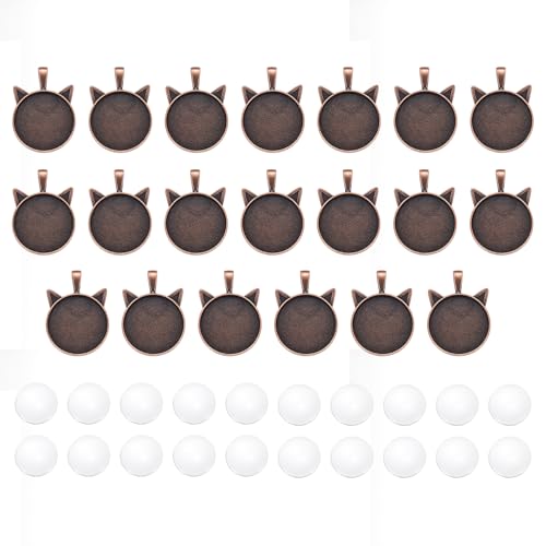PATIKIL 20 Pcs Pendant Making Kit 25mm Cat Shape Pendant Tray Kit Blank Photo Charm Clear Glass Cabochons Necklace Base Trays for Bridal Wedding Bouquet Graduation Jewelry, Red Copper