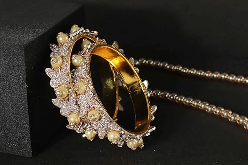 Image of LAVAZZA Stylish Butterfly Design Golden Metal with Zircon Diamond & Pearls Moti Bangles Kada For Women & Girls | Traditional Girl's Bangles Bracelet | Women's Kangan Wedding, Party-Set of 2