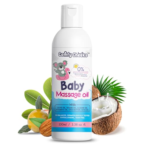 Comfy Cheeks Organic Baby Massage Oil – Cold-Pressed Oil | Pure Bliss for Tender Skin | Advanced Non-Sticky Formula with 7 Nourishing Oils | 100% Natural, Vegan, and Dermatologist Tested | Gentle Care for Ages 0 to 10 years | 100ml Bottle, Pack of 1