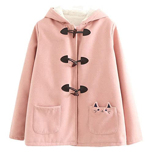 Teen Girls Cute Ear Hood Winter Jacket Japanese Lolita Cat Embroidery Casual-Fit Outerwear Soft Warm Fleece Jackets