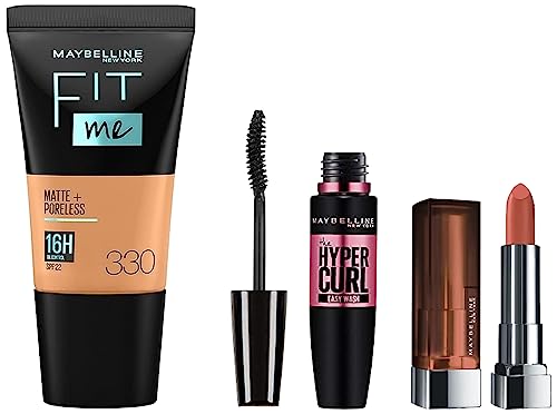 Image of Maybelline New York Prom Queen Makeup Kit - Fit Me Foundation Tube Toffee + Hypercurl Mascara Washable + Creamy Matte Nude Nuance