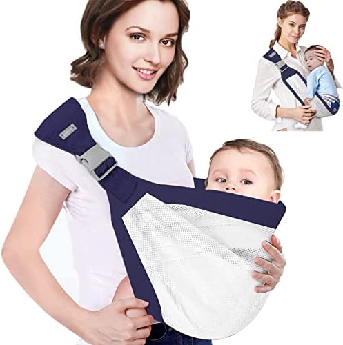 Baby Sling Carrier, Adjustable One Shoulder Labor-Saving Baby Holder Carrier, Baby Mesh Half Wrapped Sling Hip Carrier for Newborn to Toddler (Blue White)