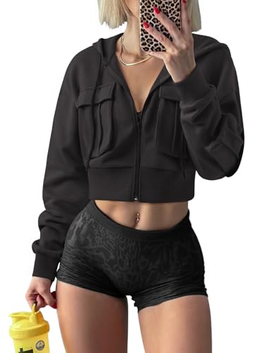 LASLULU Women's Black Hoodies Cropped Zip Up...
