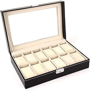 Watch Box-12 Mens Watch Organizer Jewelry Display Case, Collection Jewelry Box Storage, Lockable Watch Case Bracelet Tray with Glass Top Faux Leather