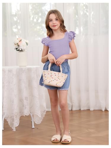 Image of OYOANGLE Girl's Casual Solid Ruffle Trim Cap Sleeve Square Neck Cute Crop Tank Tops T-Shirts