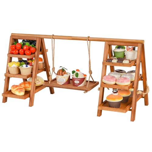 Whiidoom Cupcake Stand, 3 Tier Wood Cupcake Display Stand with Swing, Dessert Table Display Set with Serving Tray for Dessert Display for Party, Wedding, Farmhouse Decor (Brown)