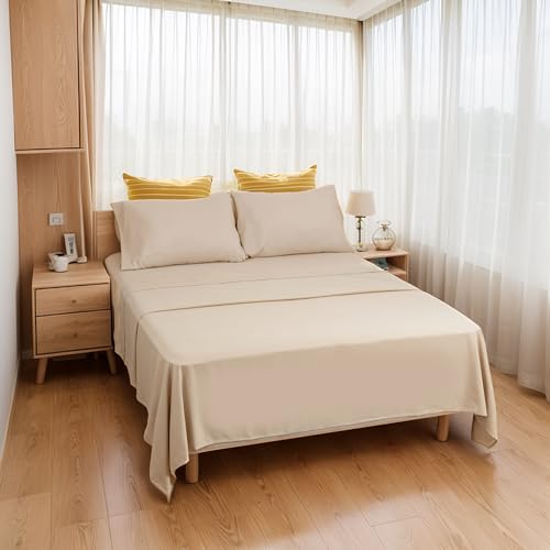 Etrexonline Juego de Sábanas 3 Piezas para Cama de 135 cm - Microfibra Ultra Suave, Incluye 1 Bajera Ajustable, 1 Encimera y 1 Funda de Almohada - Color Liso Beige