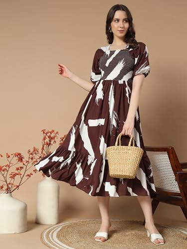 Kzully Women's Crepe A-Line Midi Dress (1001-Brush-Coffee-L_Brown